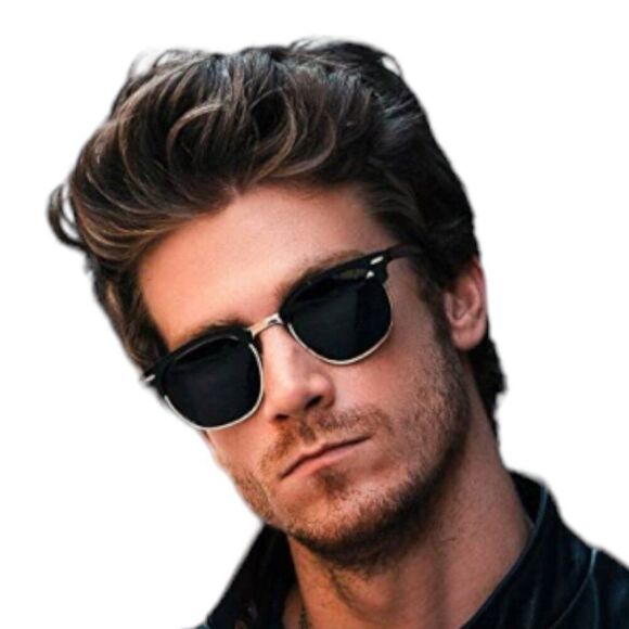 Black Semi Rimless Half Metal Frame Sunglasses - Picture 2 of 4